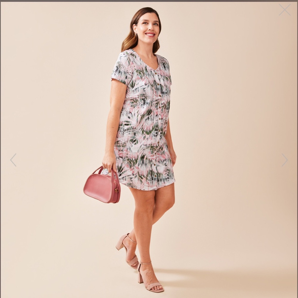 Tropical Print Short Sleeve Linen Shirt Dress NWT